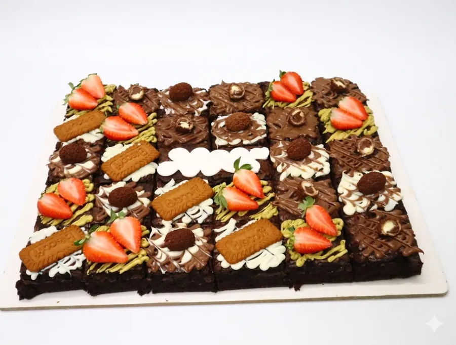 Platter of assorted brownies topped with strawberries and biscuits